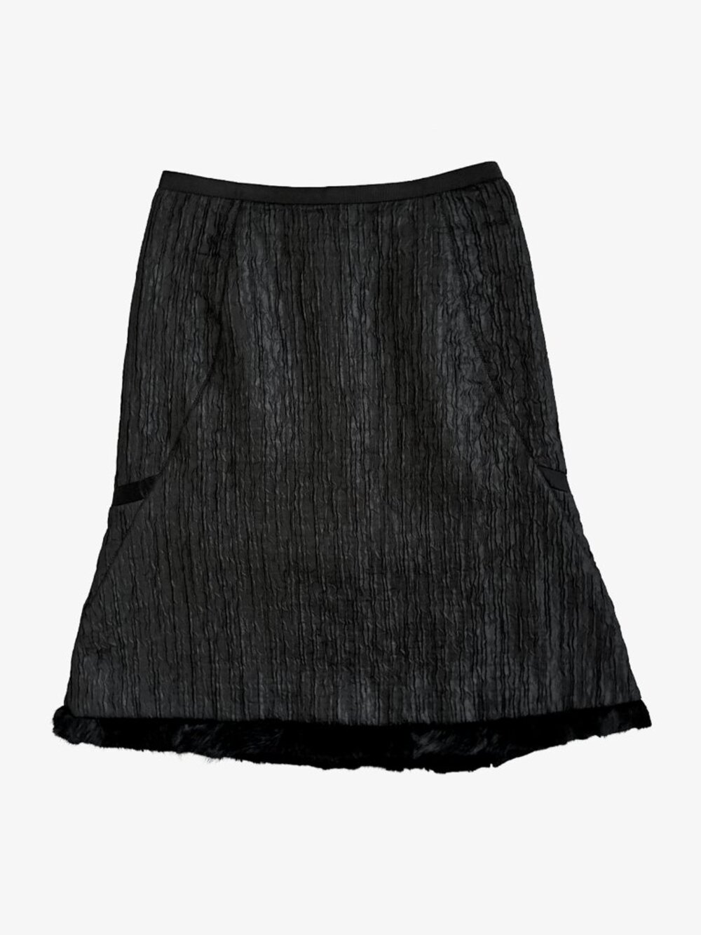 Black Pleated Crinkle Fur Trim Silk Lined Skirt by Shiatzy Chen